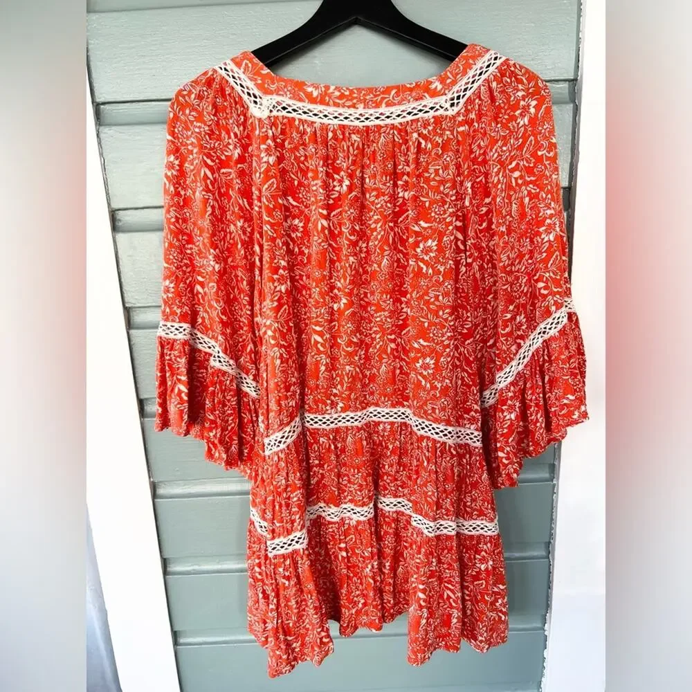 Free People Talk About It tunic top coral pop orange square neck floral boho M